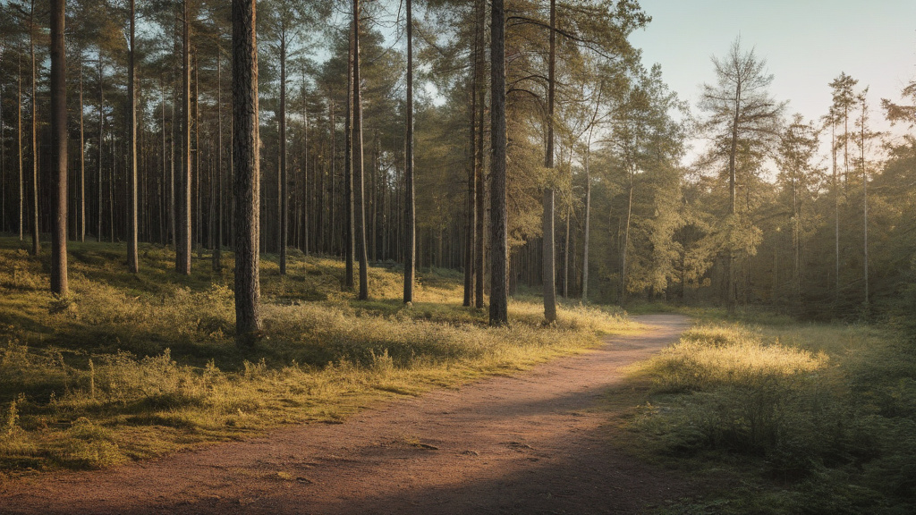 En stilla skogsstig i gryning — bilden representerar balans, eftertanke och vikten av ansvarsfullt spel.